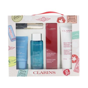 Clarins With Love From Suitcase Set (1x Eclat Minute Instant Light Natural Lip Perfector 01, 1x Gentle Foaming Cleanser, 1x Gentle Eye Makeup Remover, 1x Cream, 1x Supra Volume Mascara)