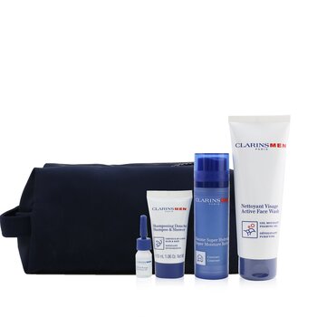 Clarins Men Essentials 4-Pieces Set: Super Moisture Balm 50ml + Active Face Wash 125ml + Shampoo & Shower 30ml + Shave Ease Oil 3ml