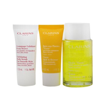 Clarins Tonic Collection: Tonic Body Treatment Oil 100ml+ Exfoliating Body Scrub 30ml+ Tonic Bath & Shower Concentrate 30ml+ Bag